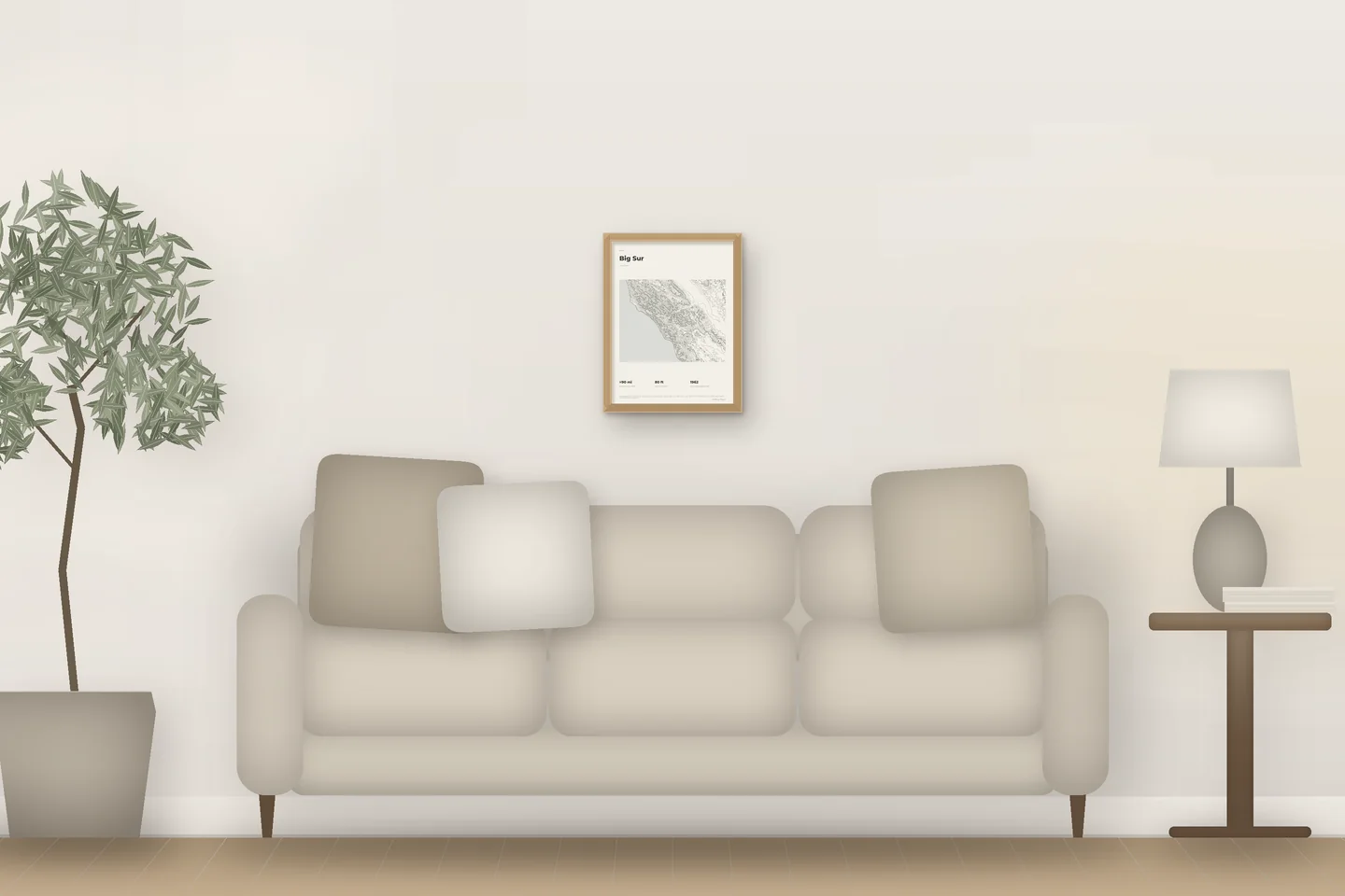Big Sur (12 × 16 in · Natural oak · Ivory & Graphite) above a living-room sofa — illustrative digital preview, not a photo