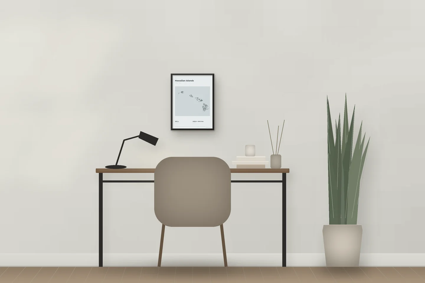 Hawaiian Islands (12 × 16 in · Black metal · Mist & Pewter) above a desk in a home office — illustrative digital preview, not a photo