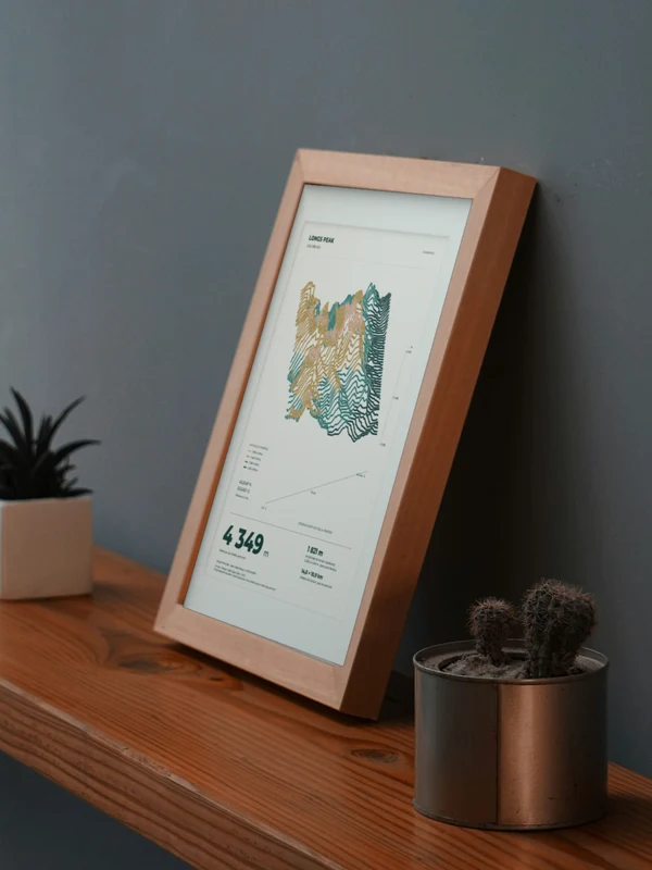 The Longs Peak artwork digitally placed in a frame on a shelf beside plants. Framing and proportions are illustrative.