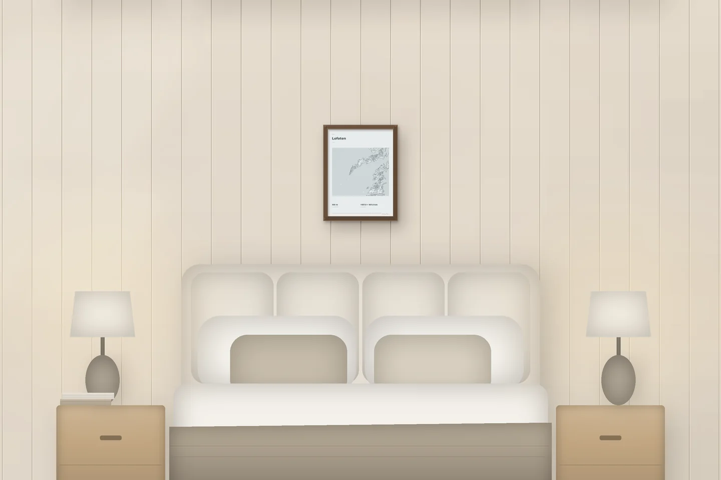 Lofoten (12 × 16 in · Walnut oak · Mist & Pewter) above a bed in a chalet bedroom — illustrative digital preview, not a photo