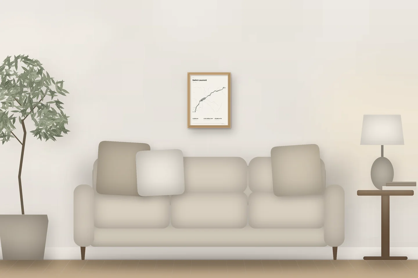 Saint Lawrence (12 × 16 in · Natural oak · Ivory & Graphite) above a living-room sofa — illustrative digital preview, not a photo