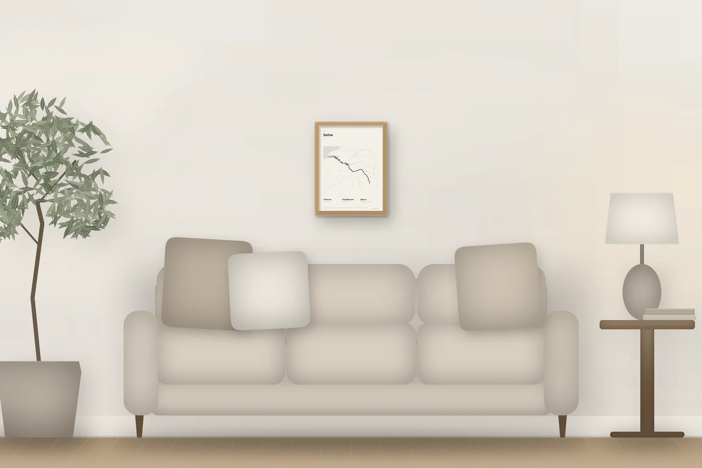Seine (12 × 16 in · Natural oak · Ivory & Graphite) above a living-room sofa — illustrative digital preview, not a photo