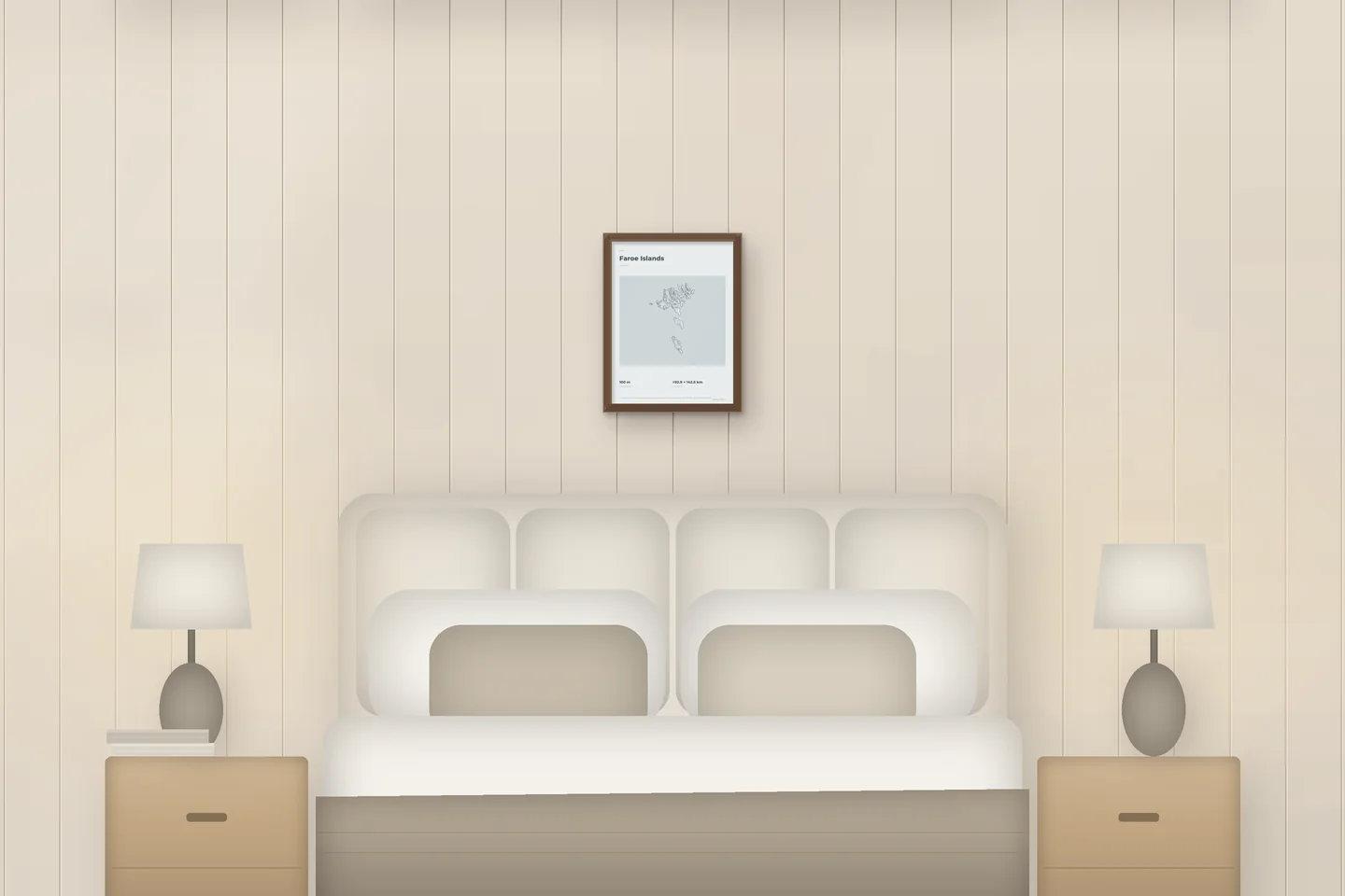Faroe Islands (12 × 16 in · Walnut oak · Mist & Pewter) above a bed in a chalet bedroom — illustrative digital preview, not a photo