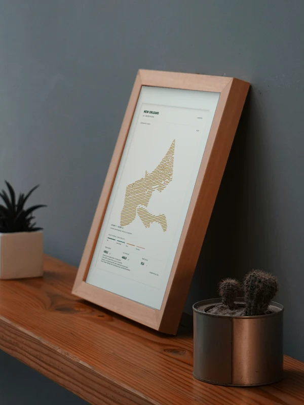 The New Orleans artwork digitally placed in a frame on a shelf beside plants. Framing and proportions are illustrative.