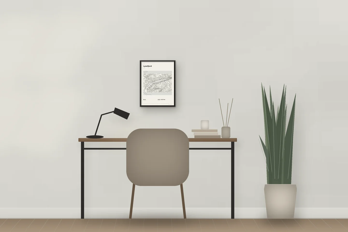 Lysefjord (12 × 16 in · Black metal · Ivory & Graphite) above a desk in a home office — illustrative digital preview, not a photo