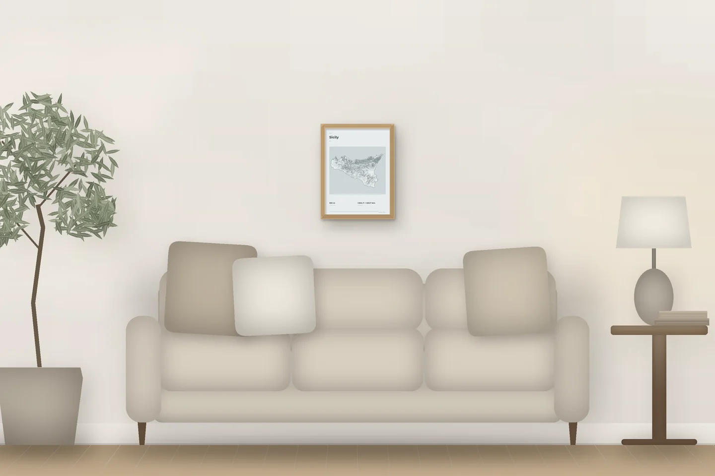 Sicily (12 × 16 in · Natural oak · Mist & Pewter) above a living-room sofa — illustrative digital preview, not a photo