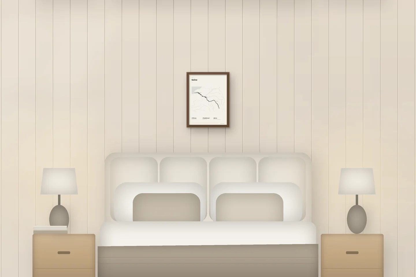 Seine (12 × 16 in · Walnut oak · Ivory & Graphite) above a bed in a chalet bedroom — illustrative digital preview, not a photo