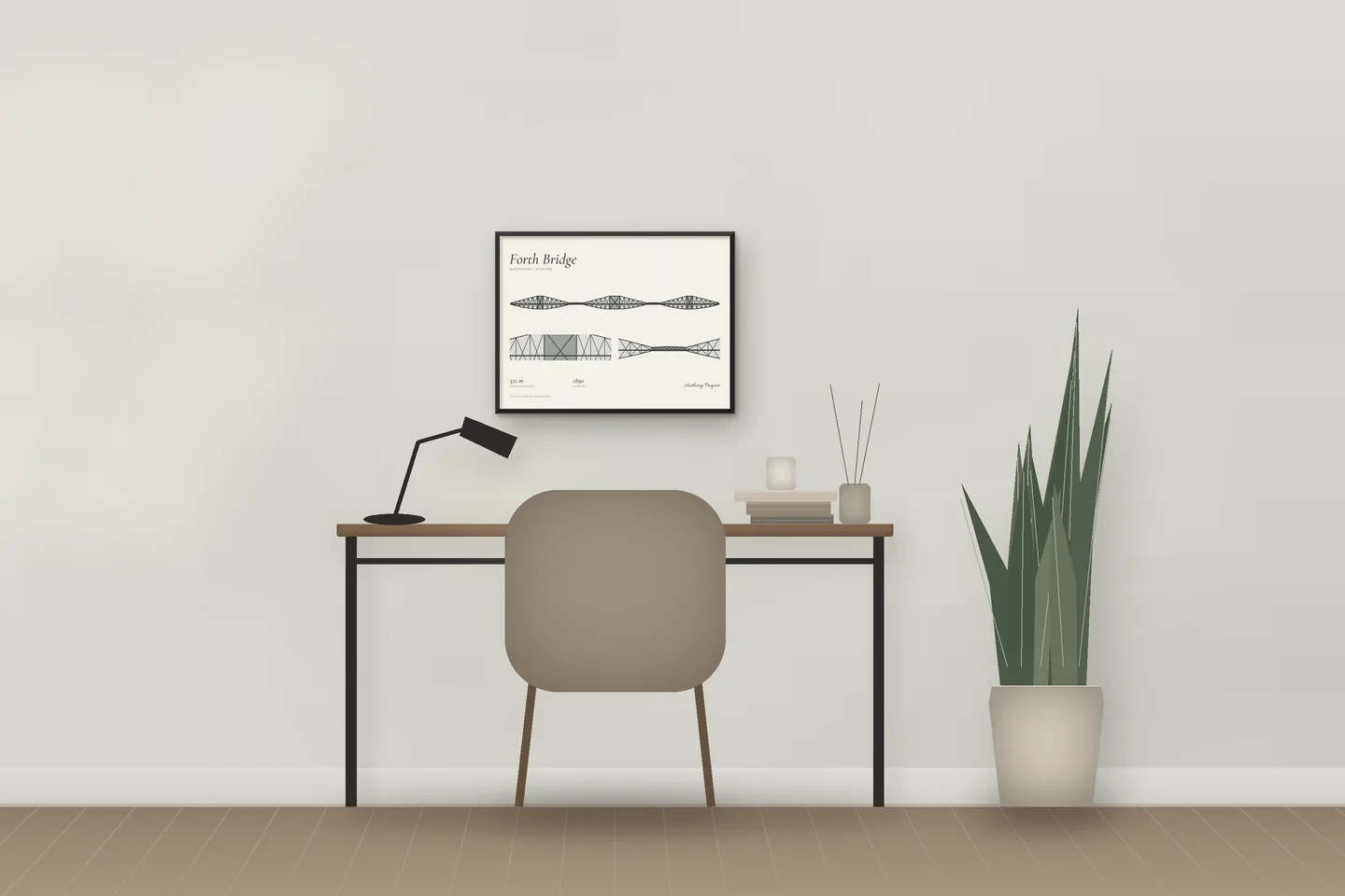 Forth Bridge (24 × 18 in · Black metal · Ivory & Graphite) above a desk in a home office — illustrative digital preview, not a photo