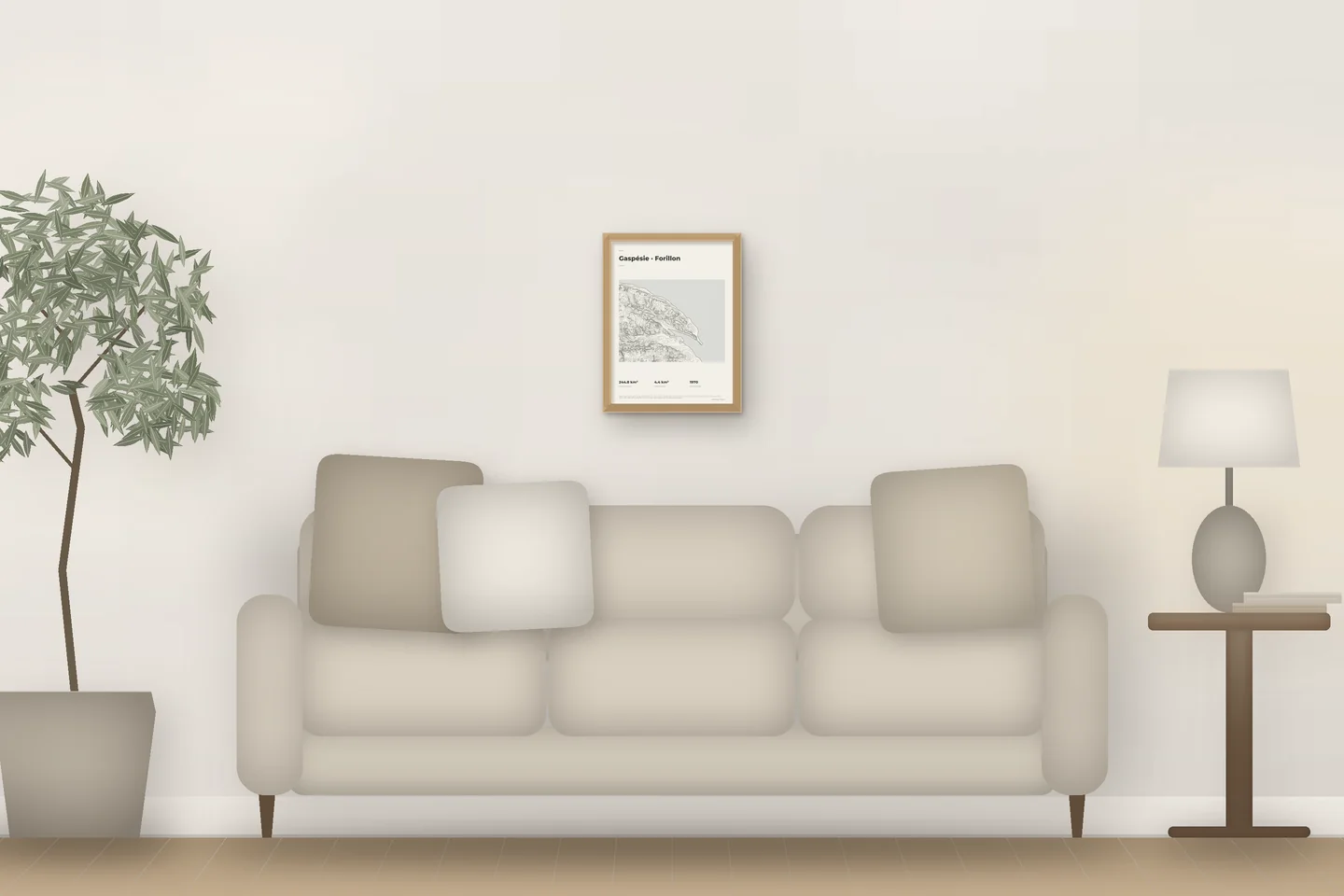 Gaspésie · Forillon (12 × 16 in · Natural oak · Ivory & Graphite) above a living-room sofa — illustrative digital preview, not a photo