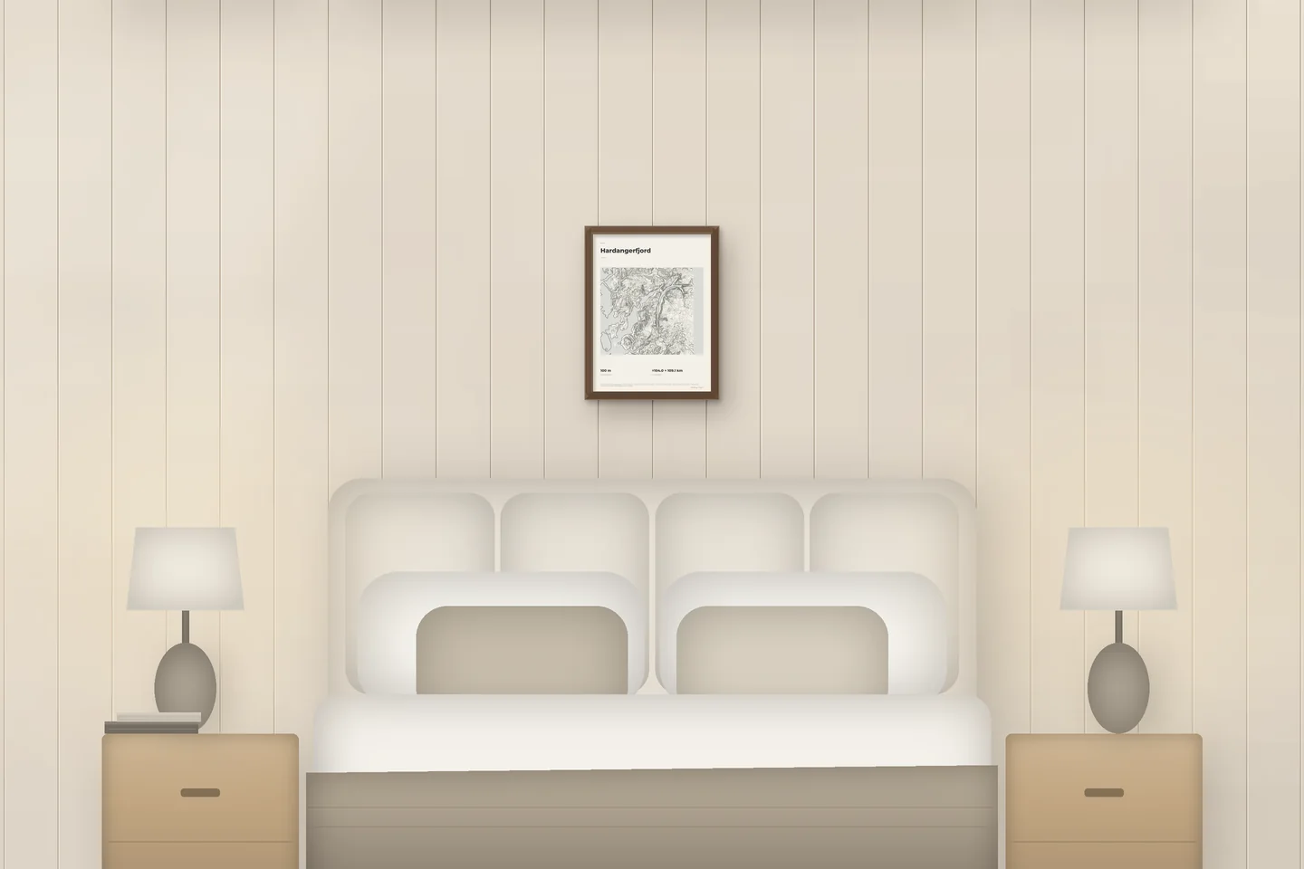 Hardangerfjord (12 × 16 in · Walnut oak · Ivory & Graphite) above a bed in a chalet bedroom — illustrative digital preview, not a photo