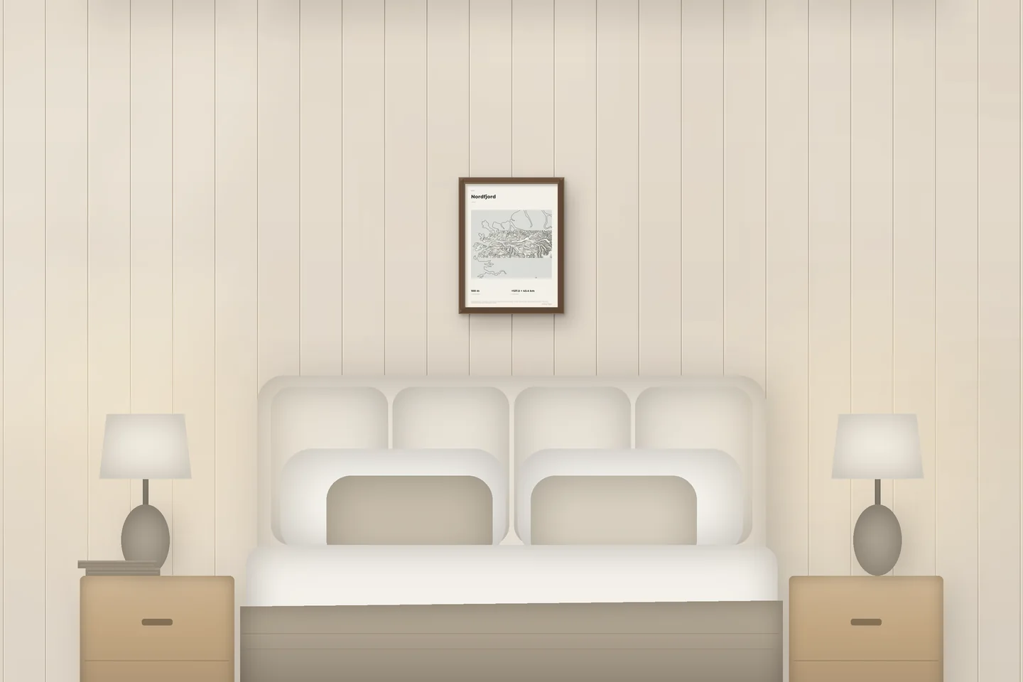 Nordfjord (12 × 16 in · Walnut oak · Ivory & Graphite) above a bed in a chalet bedroom — illustrative digital preview, not a photo