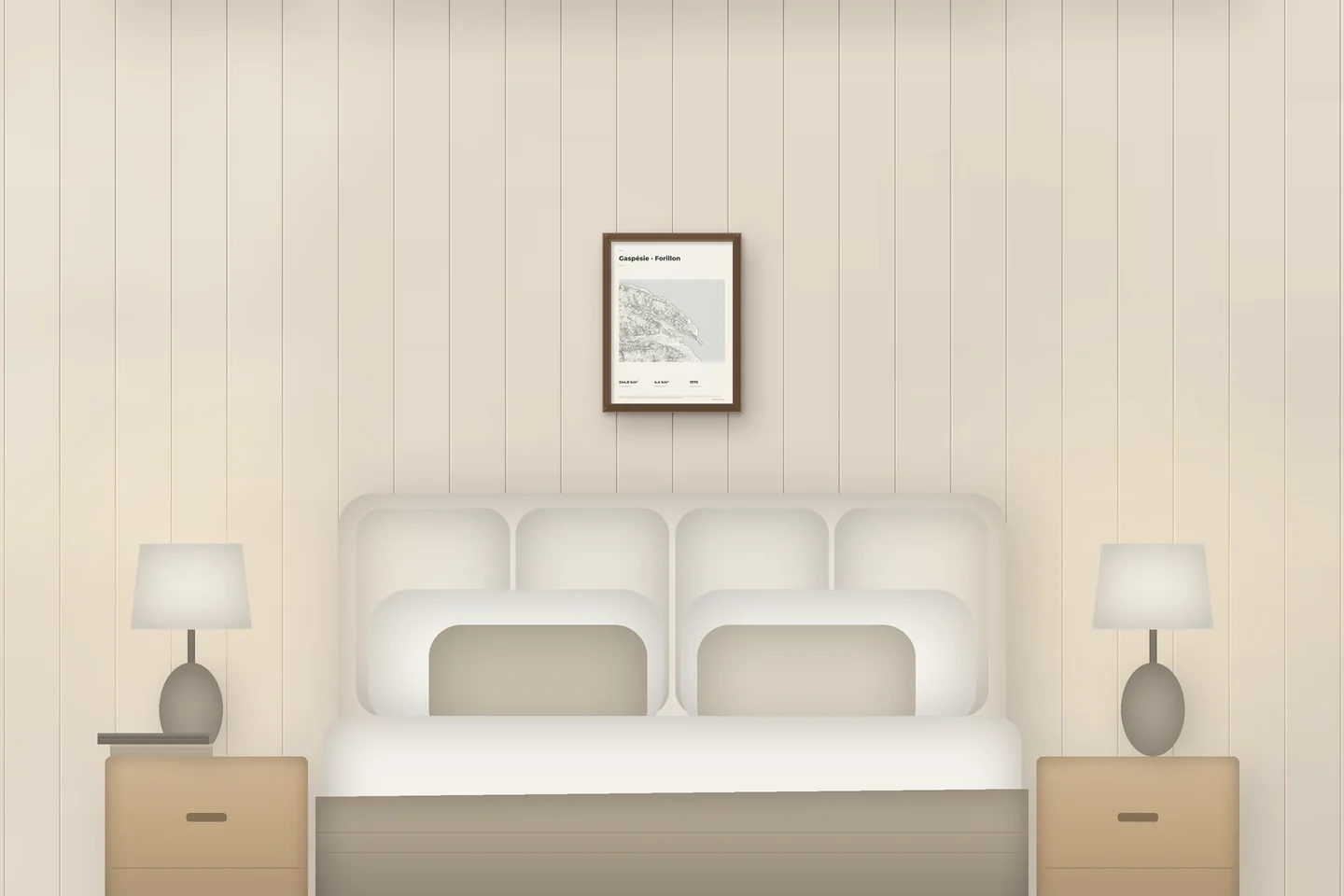 Gaspésie · Forillon (12 × 16 in · Walnut oak · Ivory & Graphite) above a bed in a chalet bedroom — illustrative digital preview, not a photo