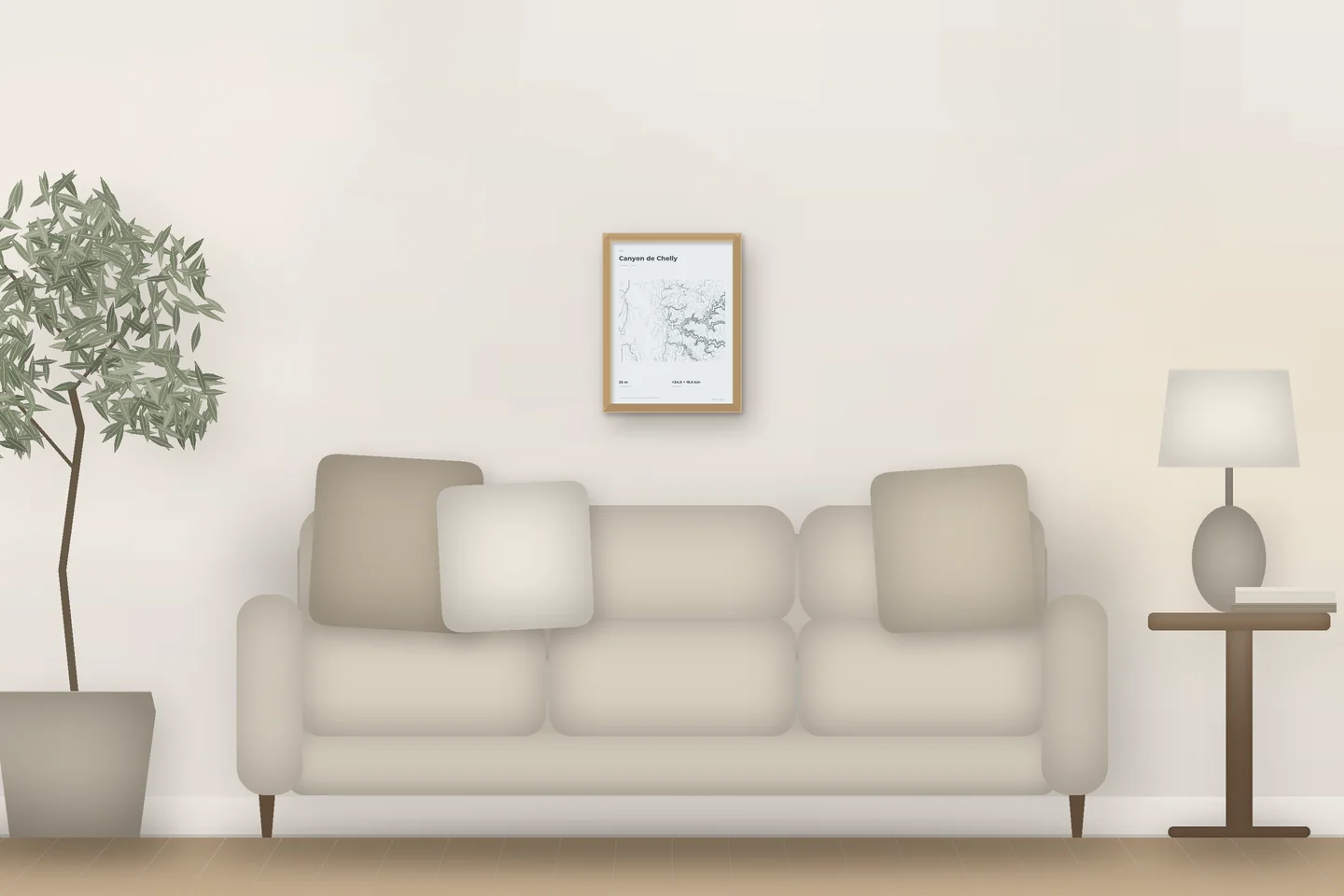 Canyon de Chelly (12 × 16 in · Natural oak · Mist & Pewter) above a living-room sofa — illustrative digital preview, not a photo
