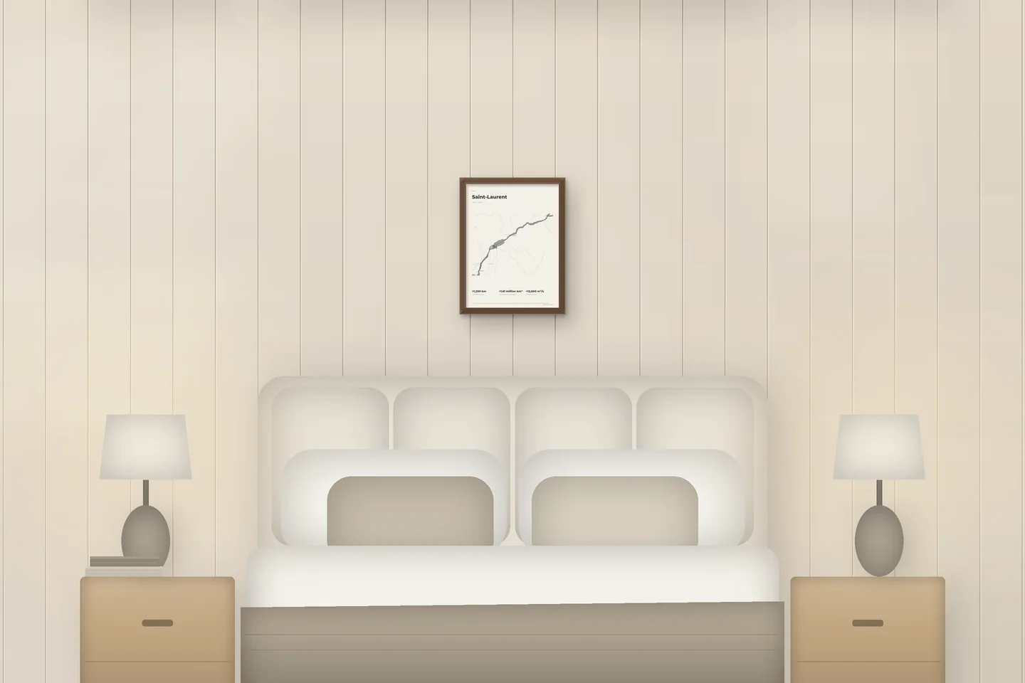 Saint Lawrence (12 × 16 in · Walnut oak · Ivory & Graphite) above a bed in a chalet bedroom — illustrative digital preview, not a photo