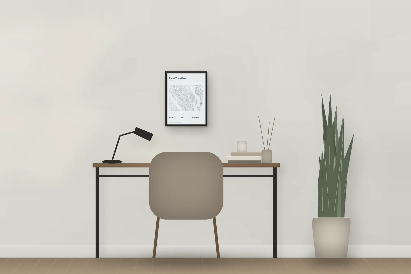 Mont Tremblant (12 × 16 in · Black metal · Mist & Pewter) above a desk in a home office — illustrative digital preview, not a photo