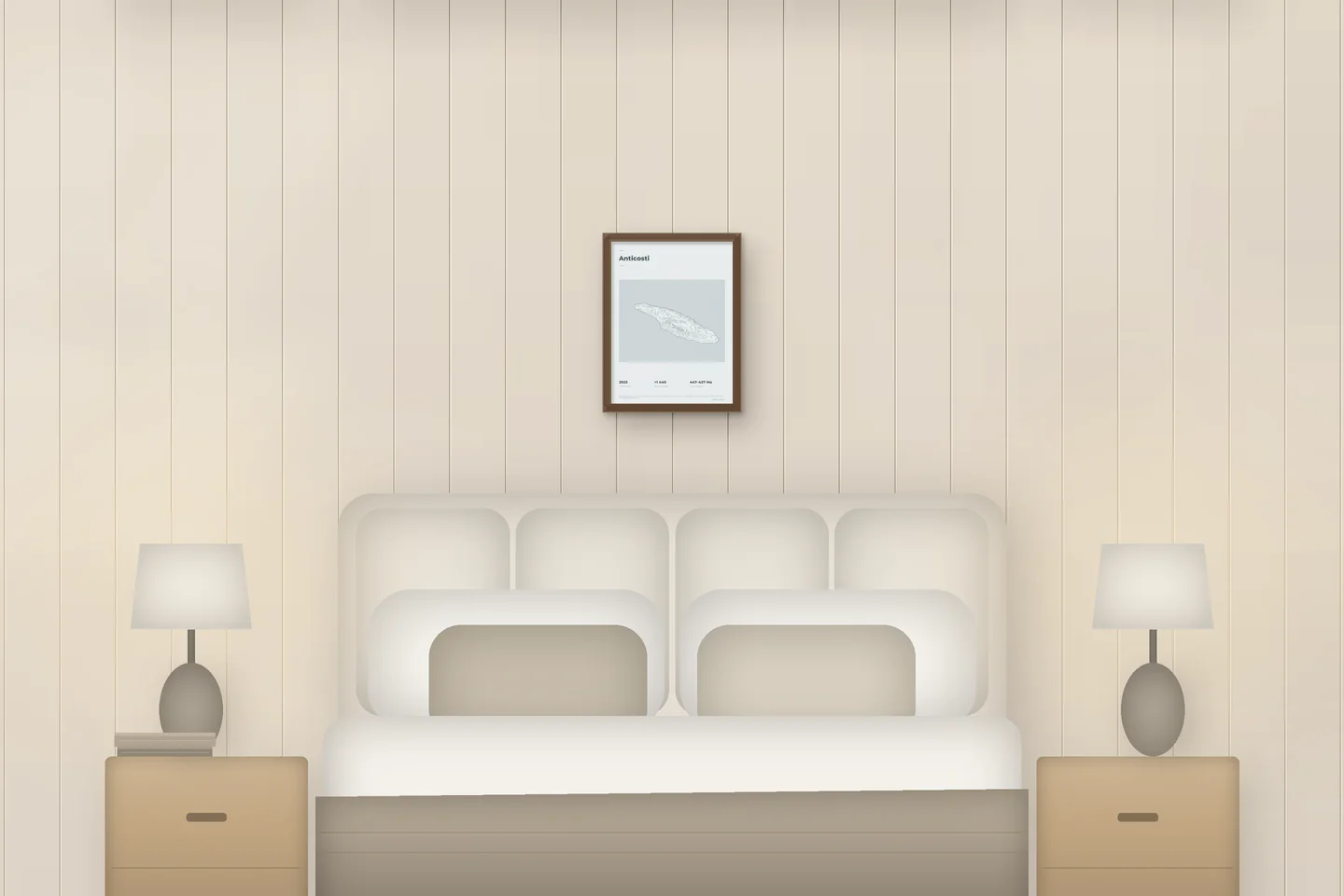 Anticosti (12 × 16 in · Walnut oak · Mist & Pewter) above a bed in a chalet bedroom — illustrative digital preview, not a photo