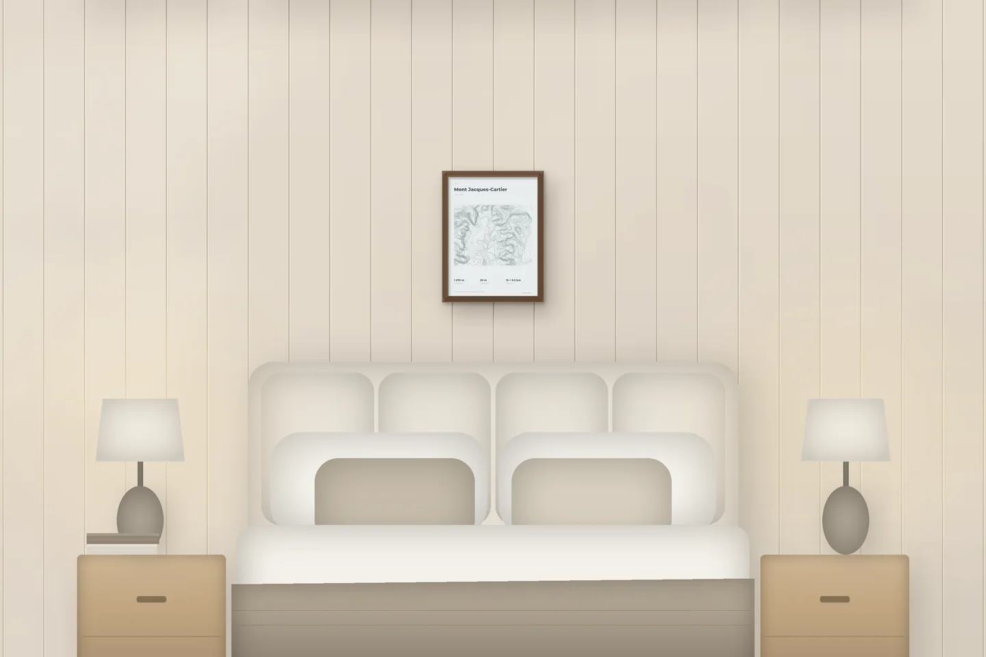 Mont Jacques-Cartier (12 × 16 in · Walnut oak · Mist & Pewter) above a bed in a chalet bedroom — illustrative digital preview, not a photo