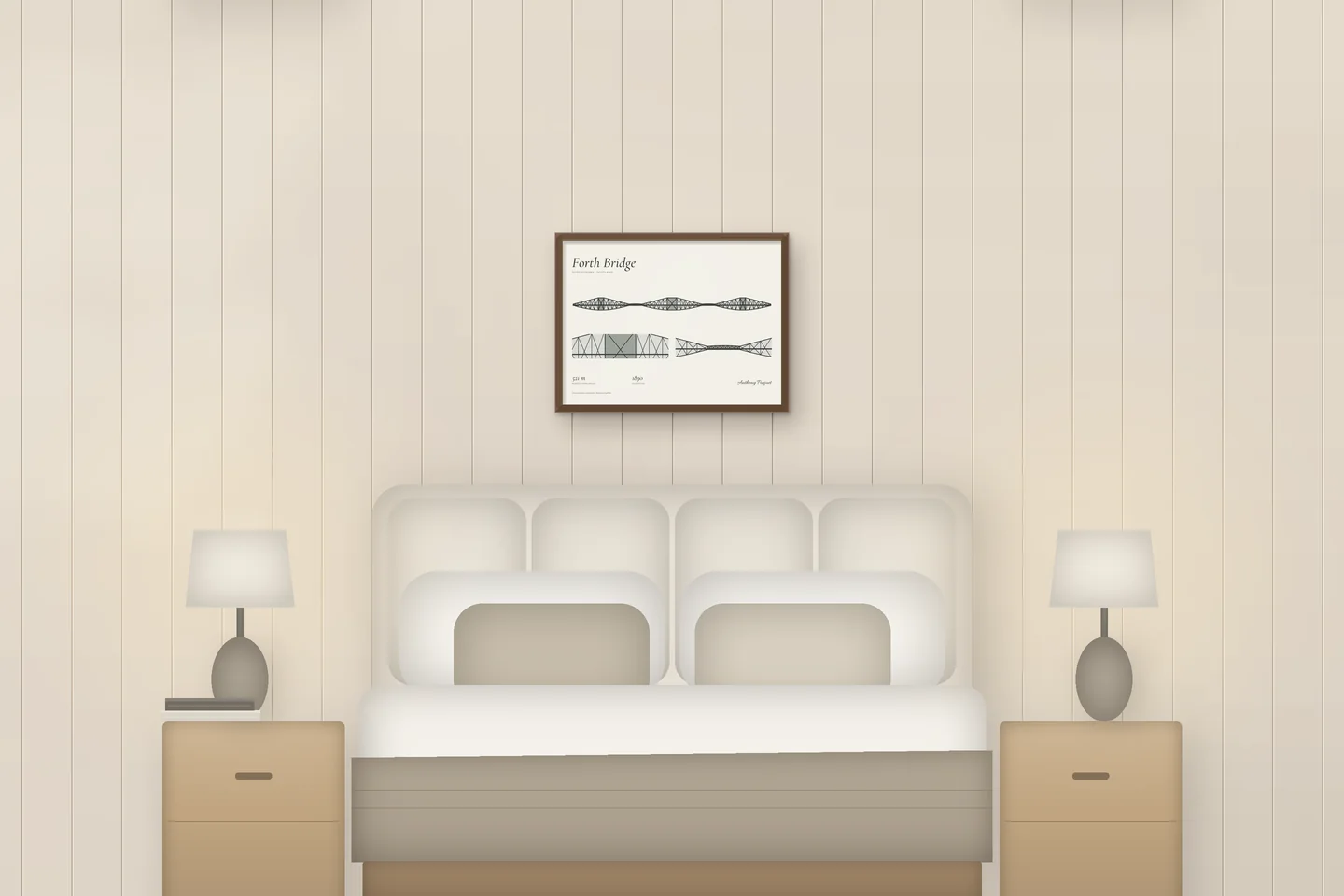 Forth Bridge (24 × 18 in · Walnut oak · Ivory & Graphite) above a bed in a chalet bedroom — illustrative digital preview, not a photo