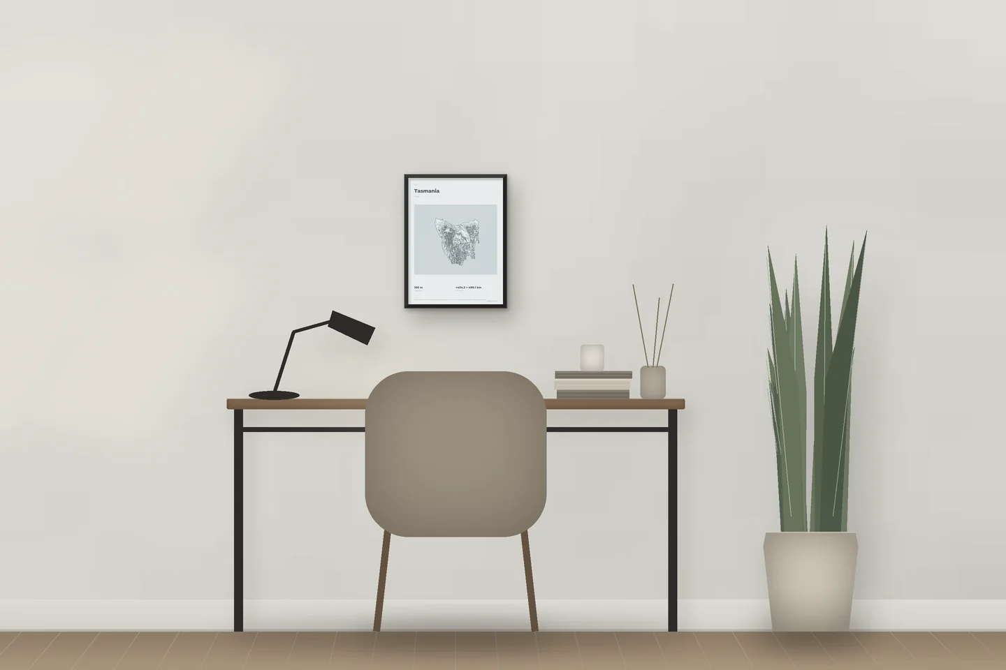 Tasmania (12 × 16 in · Black metal · Mist & Pewter) above a desk in a home office — illustrative digital preview, not a photo