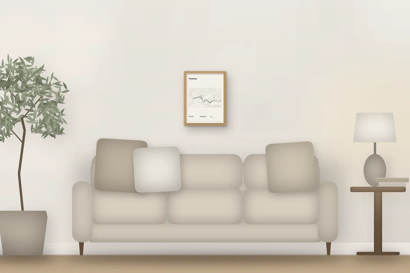 Thames (12 × 16 in · Natural oak · Ivory & Graphite) above a living-room sofa — illustrative digital preview, not a photo