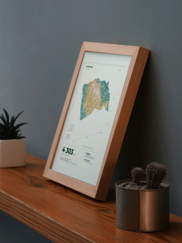 The Pikes Peak artwork digitally placed in a frame on a shelf beside plants. Framing and proportions are illustrative.