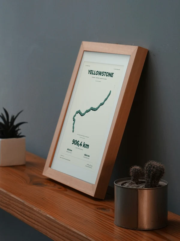 The YELLOWSTONE artwork digitally placed in a frame on a shelf beside plants. Framing and proportions are illustrative.