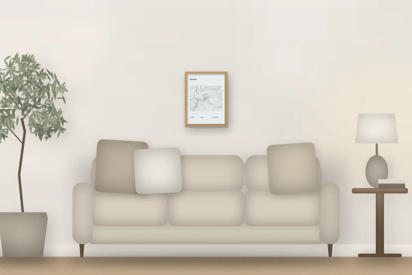 Matterhorn (12 × 16 in · Natural oak · Mist & Pewter) above a living-room sofa — illustrative digital preview, not a photo