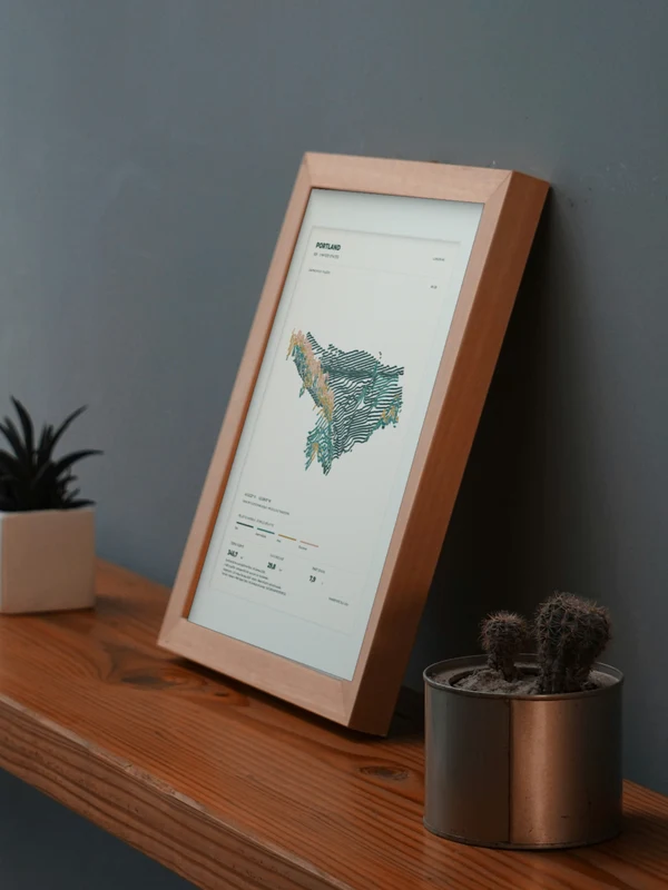 The Portland artwork digitally placed in a frame on a shelf beside plants. Framing and proportions are illustrative.