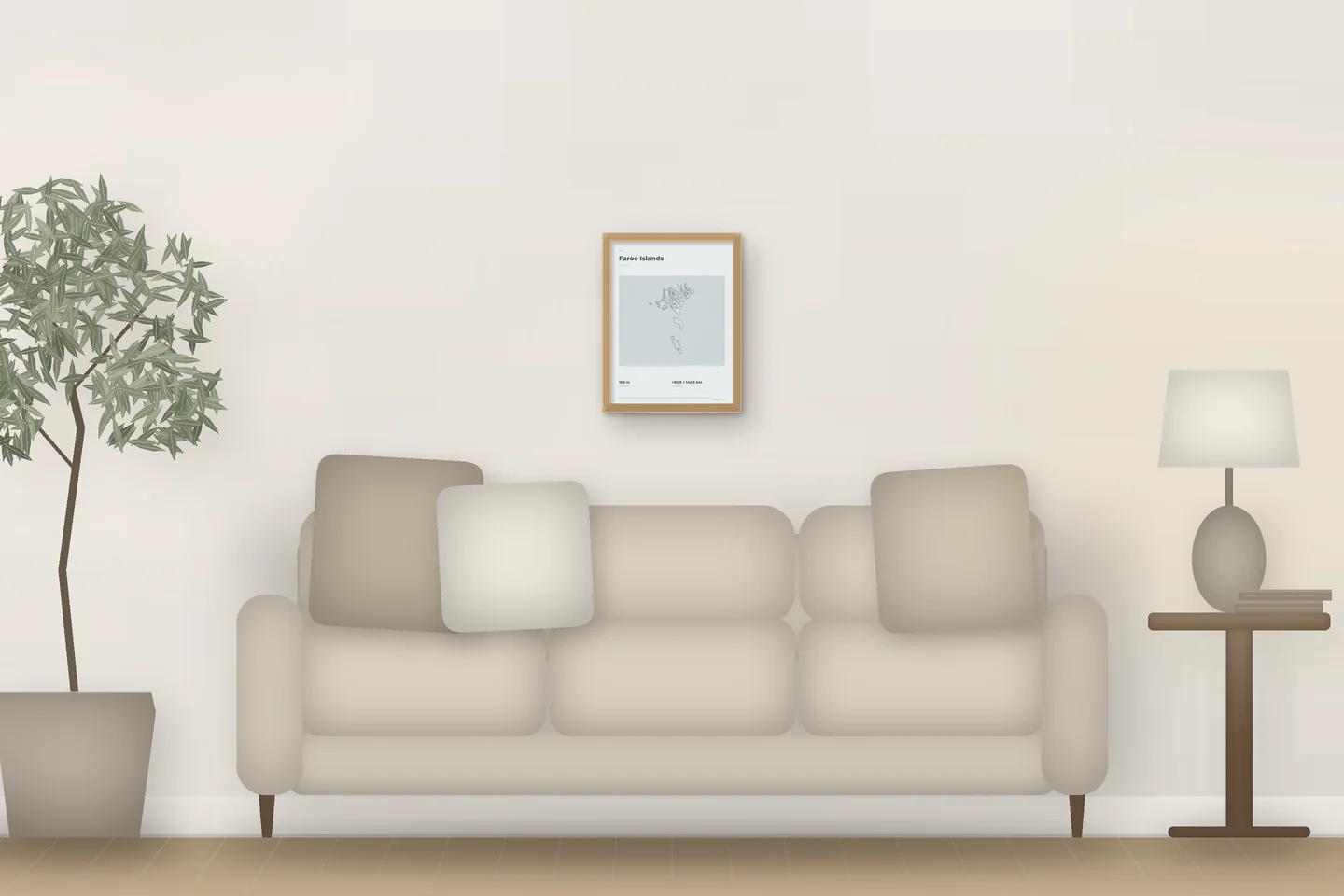 Faroe Islands (12 × 16 in · Natural oak · Mist & Pewter) above a living-room sofa — illustrative digital preview, not a photo