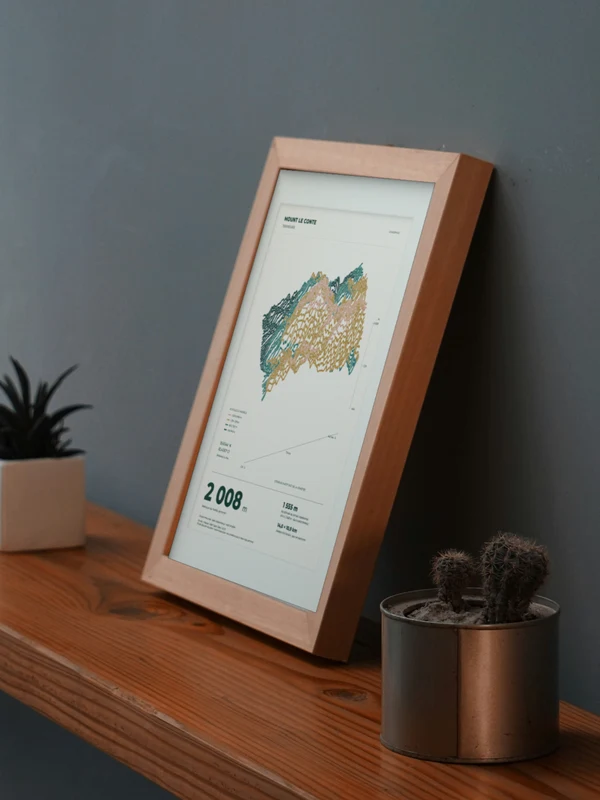 The Mount Le Conte artwork digitally placed in a frame on a shelf beside plants. Framing and proportions are illustrative.