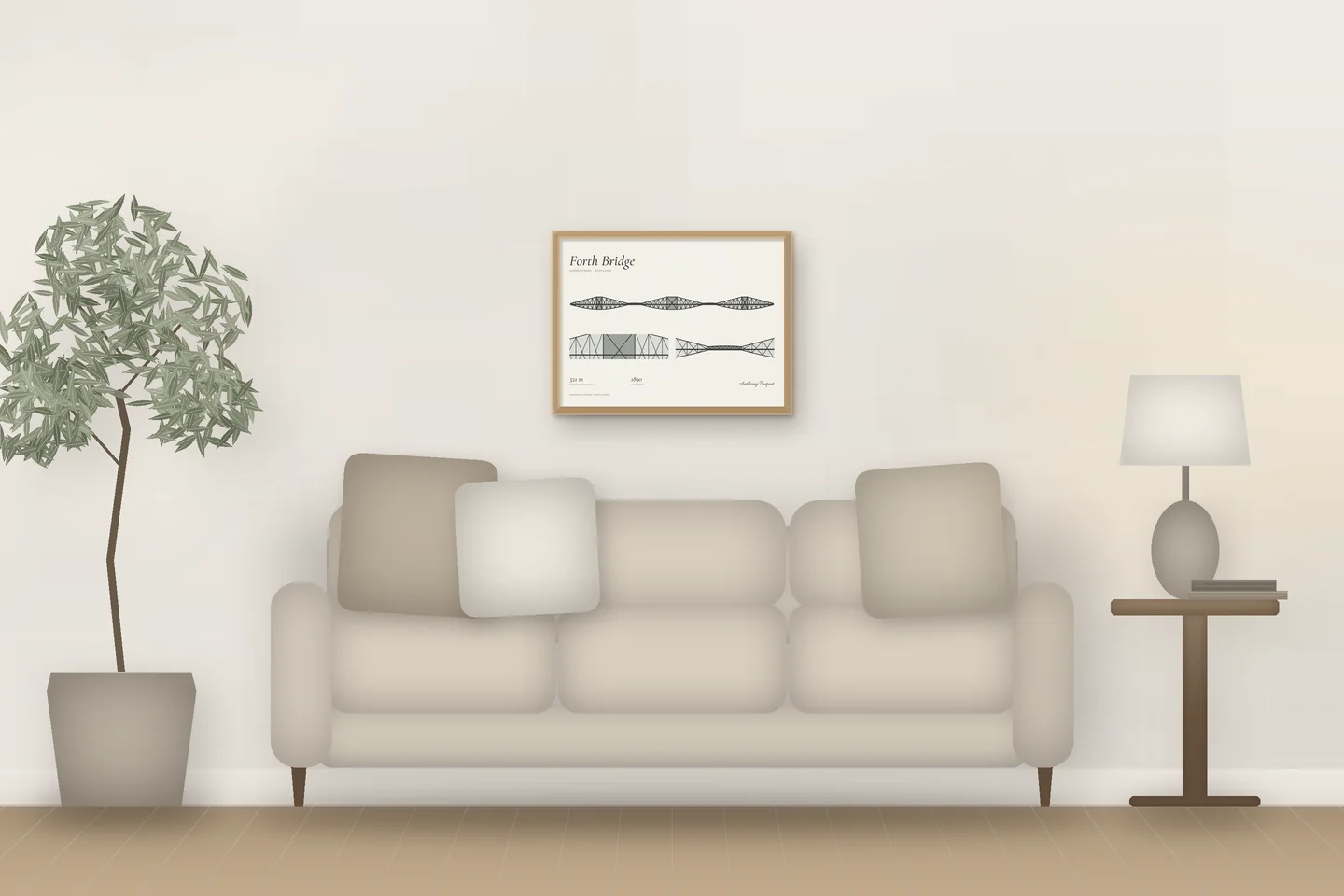 Forth Bridge (24 × 18 in · Natural oak · Ivory & Graphite) above a living-room sofa — illustrative digital preview, not a photo