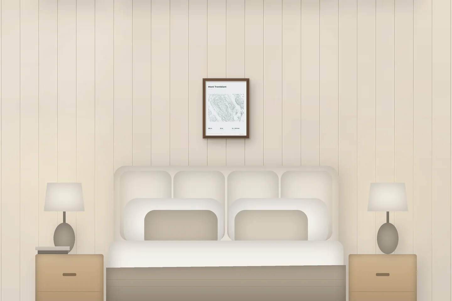 Mont Tremblant (12 × 16 in · Walnut oak · Mist & Pewter) above a bed in a chalet bedroom — illustrative digital preview, not a photo