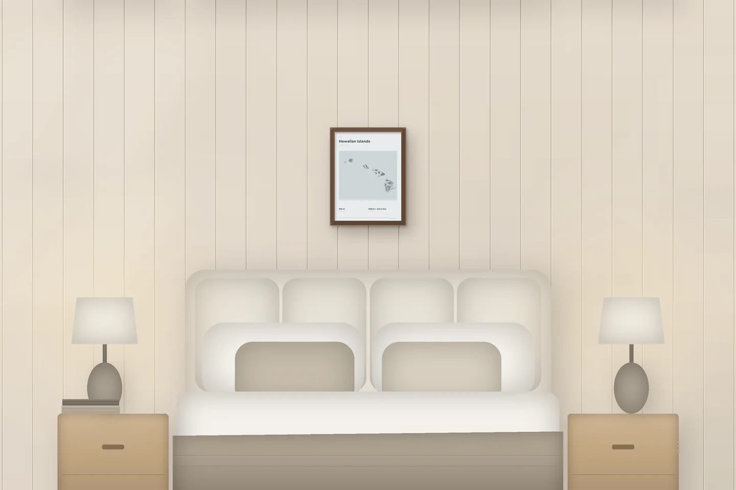 Hawaiian Islands (12 × 16 in · Walnut oak · Mist & Pewter) above a bed in a chalet bedroom — illustrative digital preview, not a photo