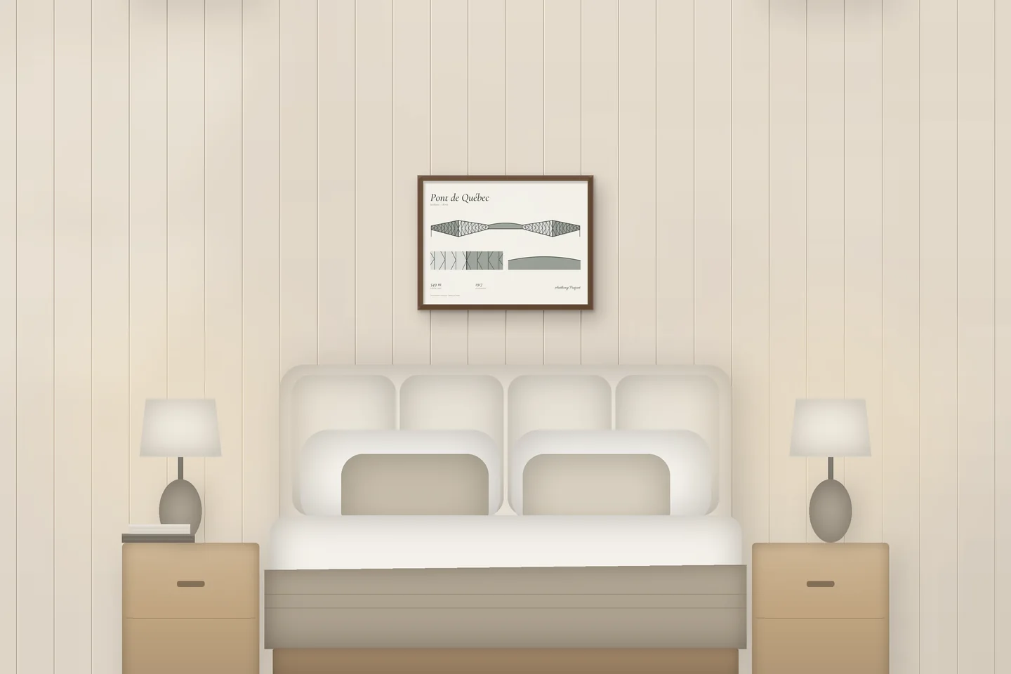 Pont de Québec (24 × 18 in · Walnut oak · Ivory & Graphite) above a bed in a chalet bedroom — illustrative digital preview, not a photo