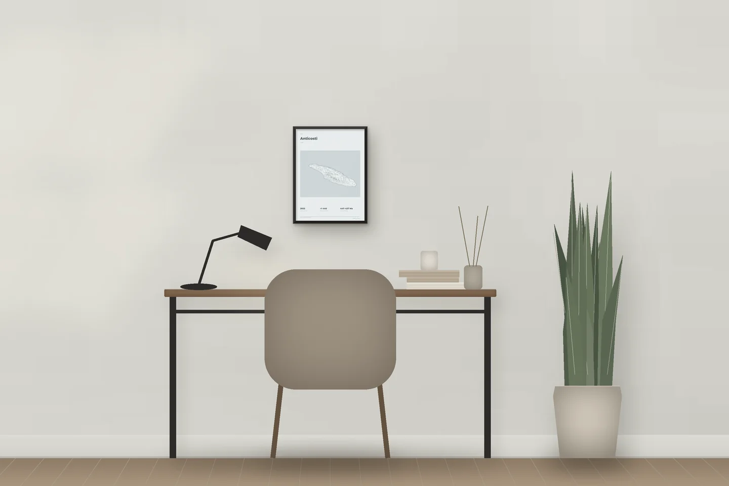 Anticosti (12 × 16 in · Black metal · Mist & Pewter) above a desk in a home office — illustrative digital preview, not a photo