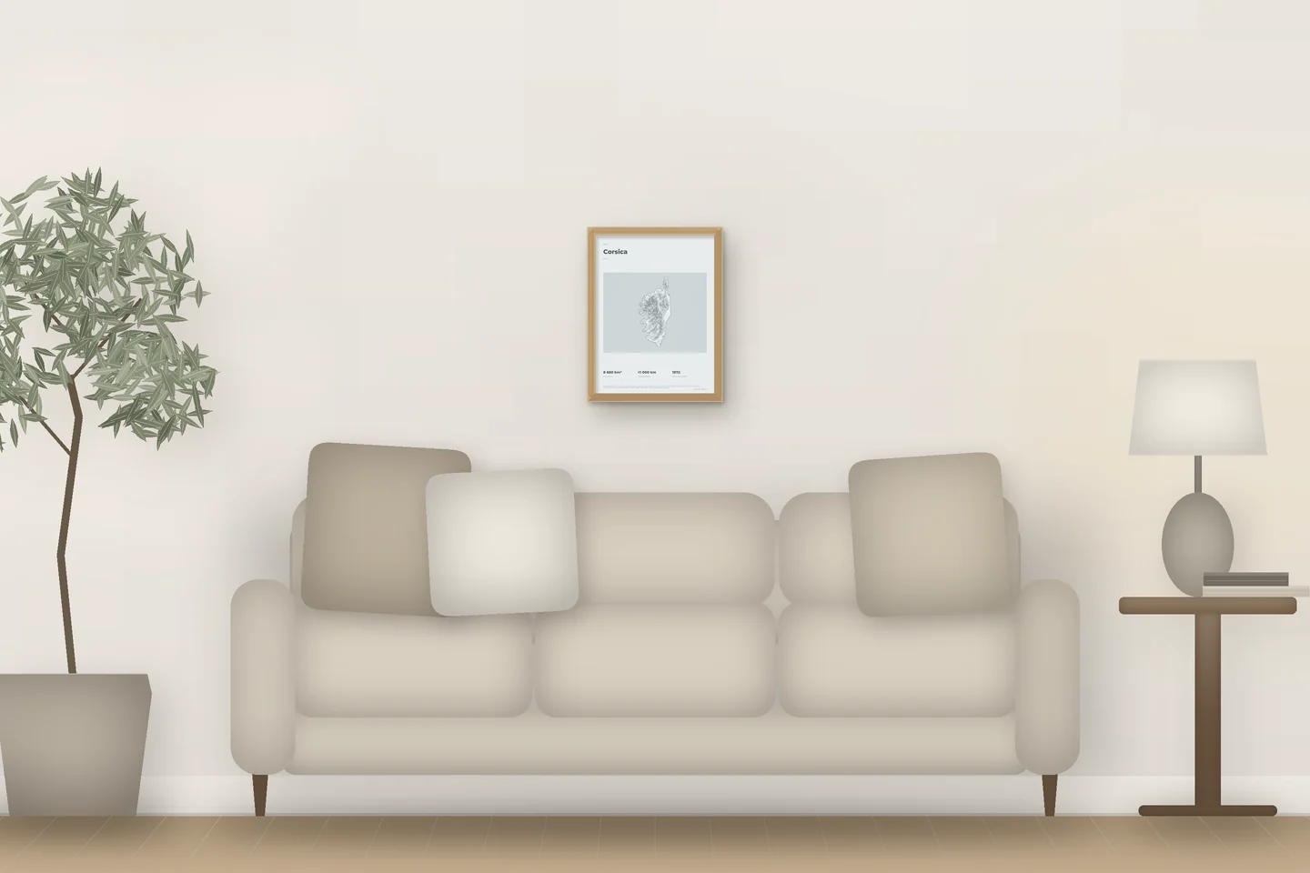Corsica (12 × 16 in · Natural oak · Mist & Pewter) above a living-room sofa — illustrative digital preview, not a photo