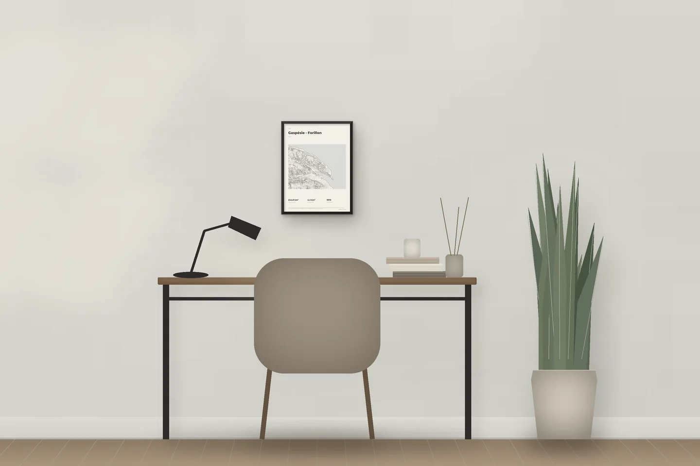 Gaspésie · Forillon (12 × 16 in · Black metal · Ivory & Graphite) above a desk in a home office — illustrative digital preview, not a photo
