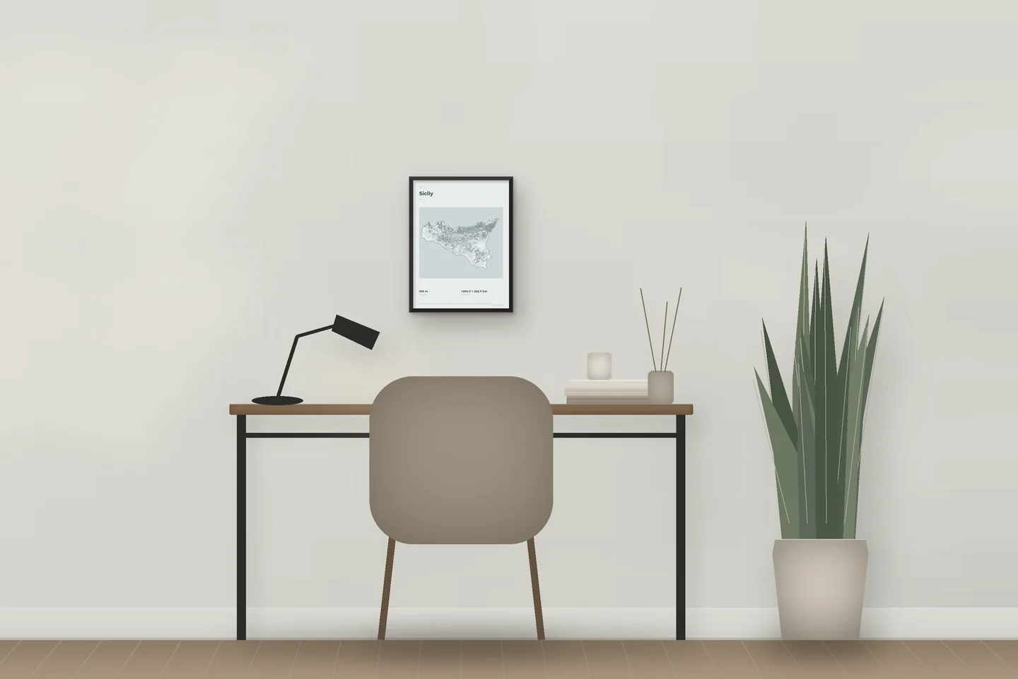 Sicily (12 × 16 in · Black metal · Mist & Pewter) above a desk in a home office — illustrative digital preview, not a photo