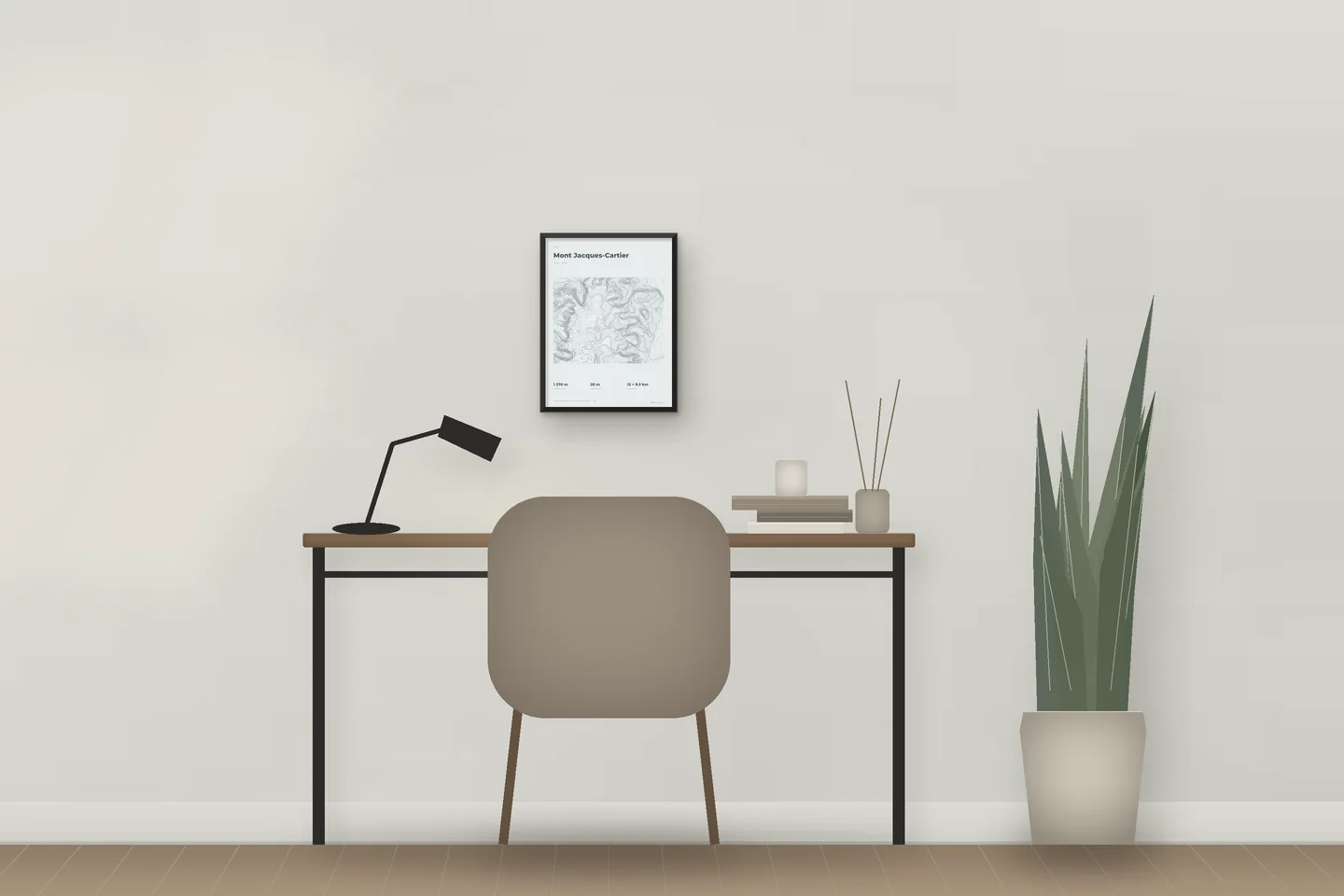 Mont Jacques-Cartier (12 × 16 in · Black metal · Mist & Pewter) above a desk in a home office — illustrative digital preview, not a photo