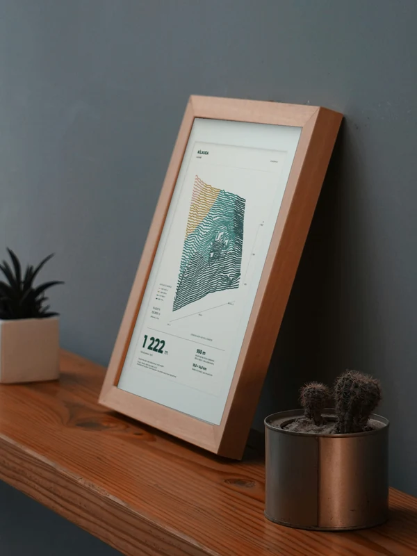 The Kīlauea artwork digitally placed in a frame on a shelf beside plants. Framing and proportions are illustrative.