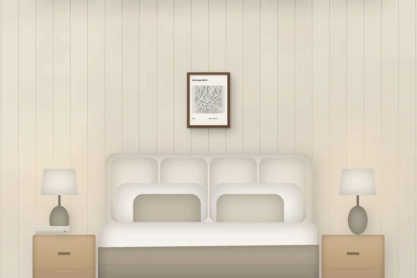 Geirangerfjord (12 × 16 in · Walnut oak · Ivory & Graphite) above a bed in a chalet bedroom — illustrative digital preview, not a photo