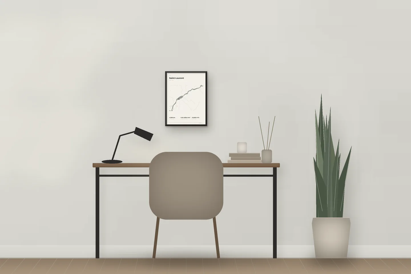 Saint Lawrence (12 × 16 in · Black metal · Ivory & Graphite) above a desk in a home office — illustrative digital preview, not a photo