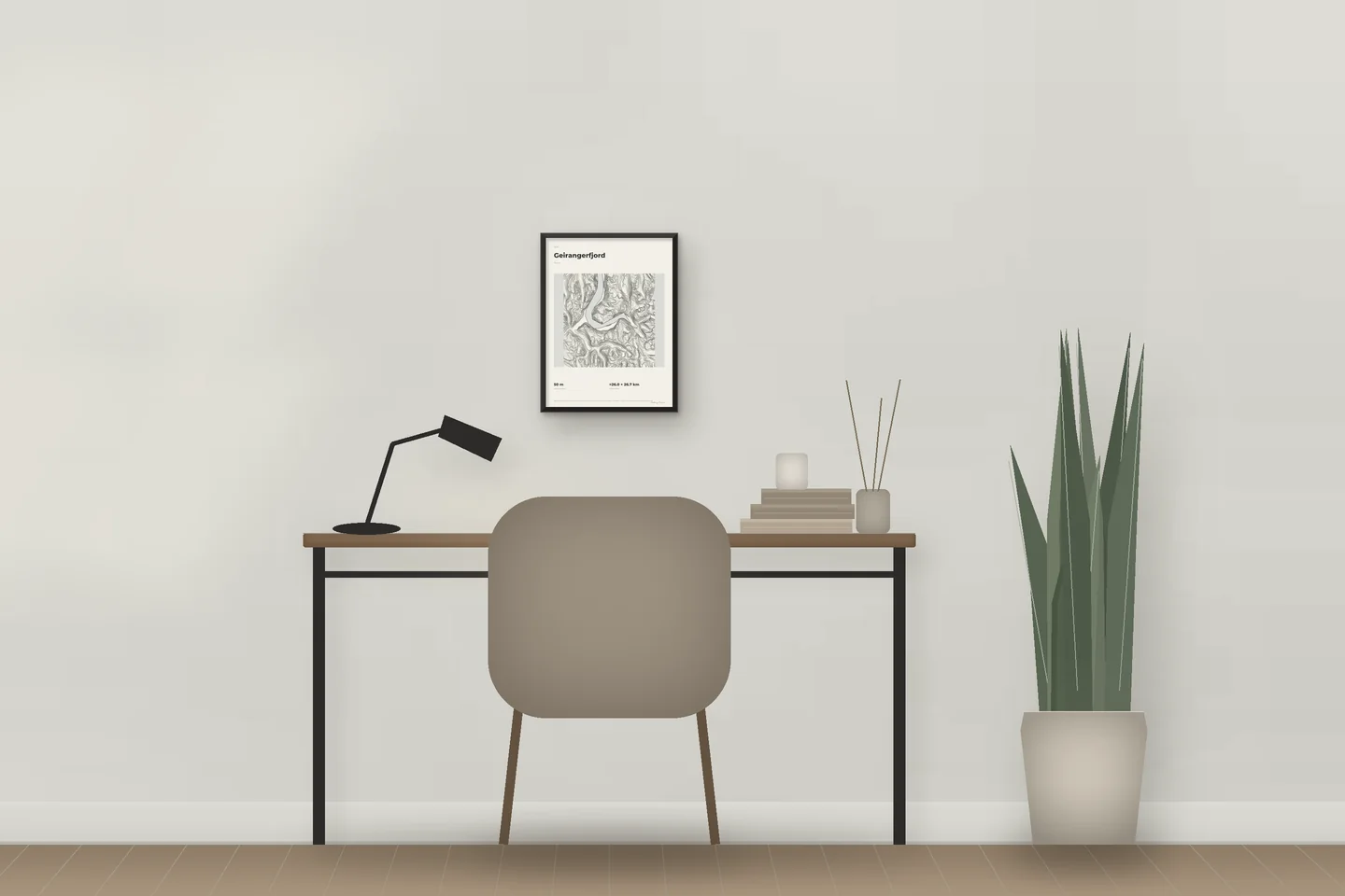 Geirangerfjord (12 × 16 in · Black metal · Ivory & Graphite) above a desk in a home office — illustrative digital preview, not a photo