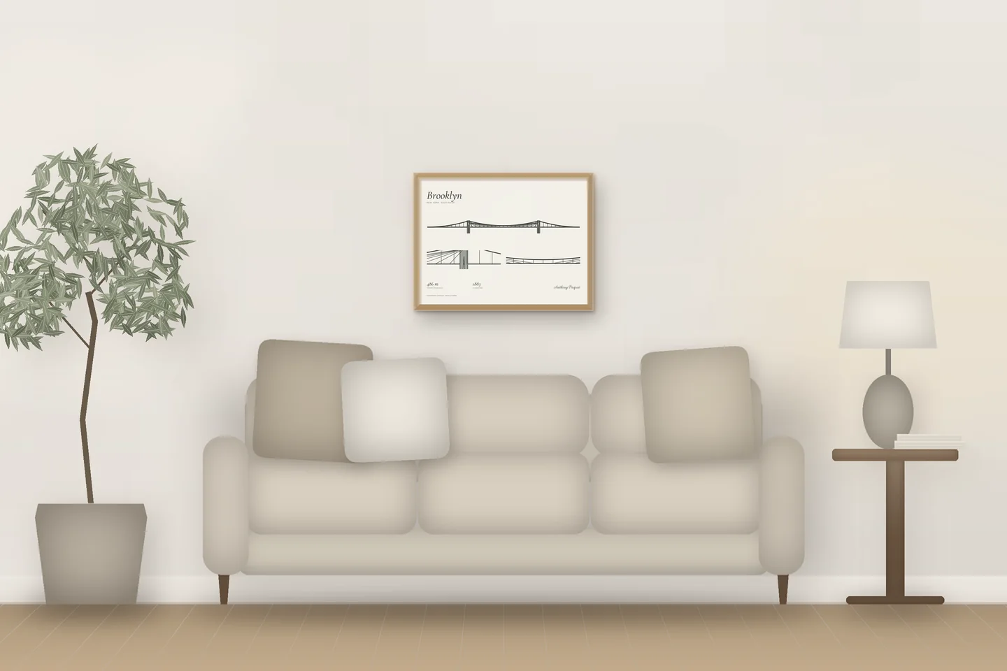 Brooklyn Bridge (24 × 18 in · Natural oak · Ivory & Graphite) above a living-room sofa — illustrative digital preview, not a photo