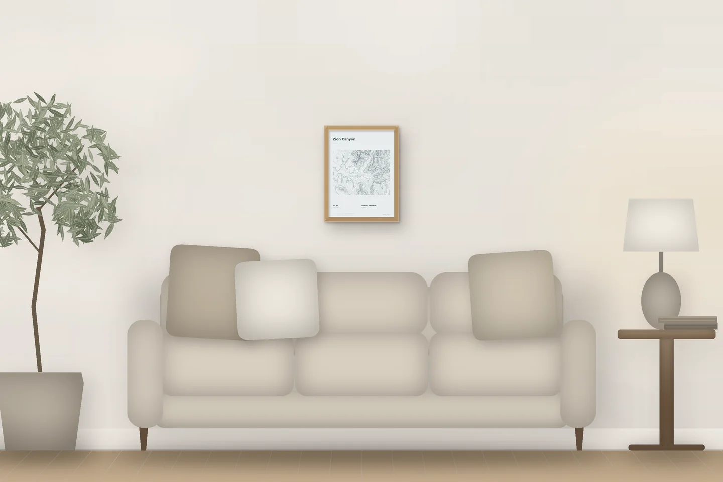 Zion Canyon (12 × 16 in · Natural oak · Mist & Pewter) above a living-room sofa — illustrative digital preview, not a photo