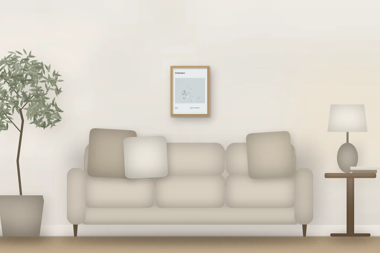 Galápagos (12 × 16 in · Natural oak · Mist & Pewter) above a living-room sofa — illustrative digital preview, not a photo