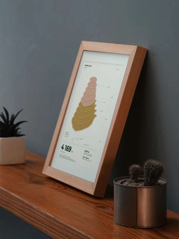 The Mauna Loa artwork digitally placed in a frame on a shelf beside plants. Framing and proportions are illustrative.
