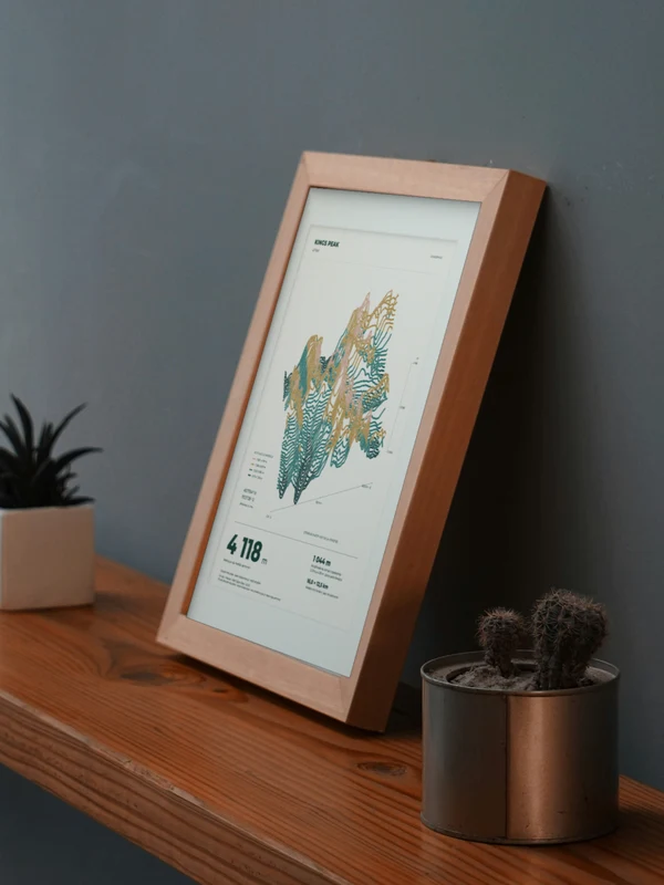 The Kings Peak artwork digitally placed in a frame on a shelf beside plants. Framing and proportions are illustrative.