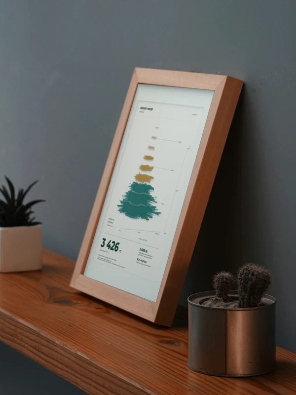 The Mount Hood artwork digitally placed in a frame on a shelf beside plants. Framing and proportions are illustrative.
