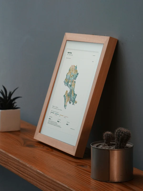 The Seattle artwork digitally placed in a frame on a shelf beside plants. Framing and proportions are illustrative.